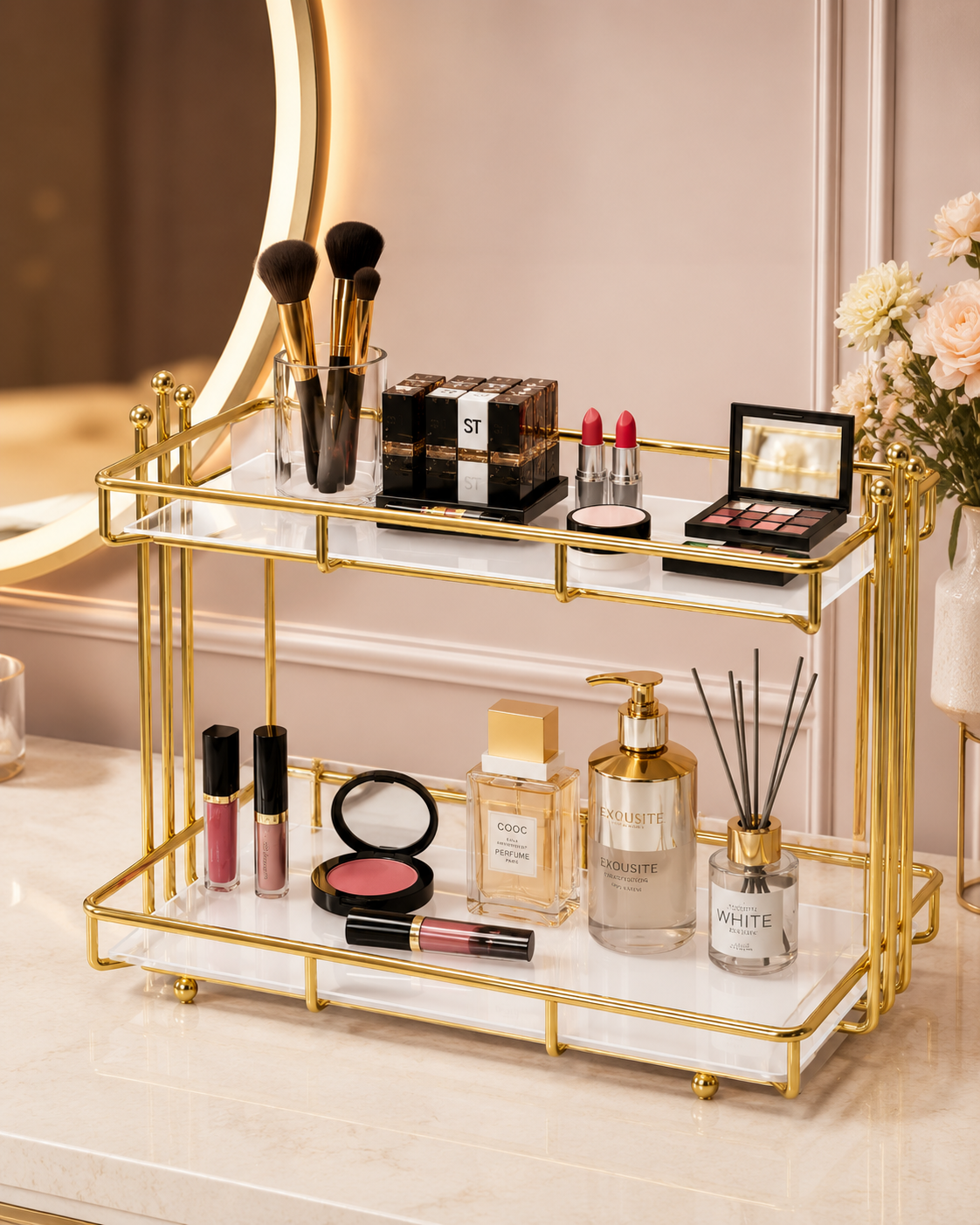 Luxury 2-Tier Gold Cosmetic Organizer Stand – White Tray Makeup & Skincare Rack