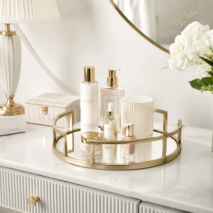 Perfume Plate Round Tray with Gold Metal & Glass – Elegant Vanity Organizer